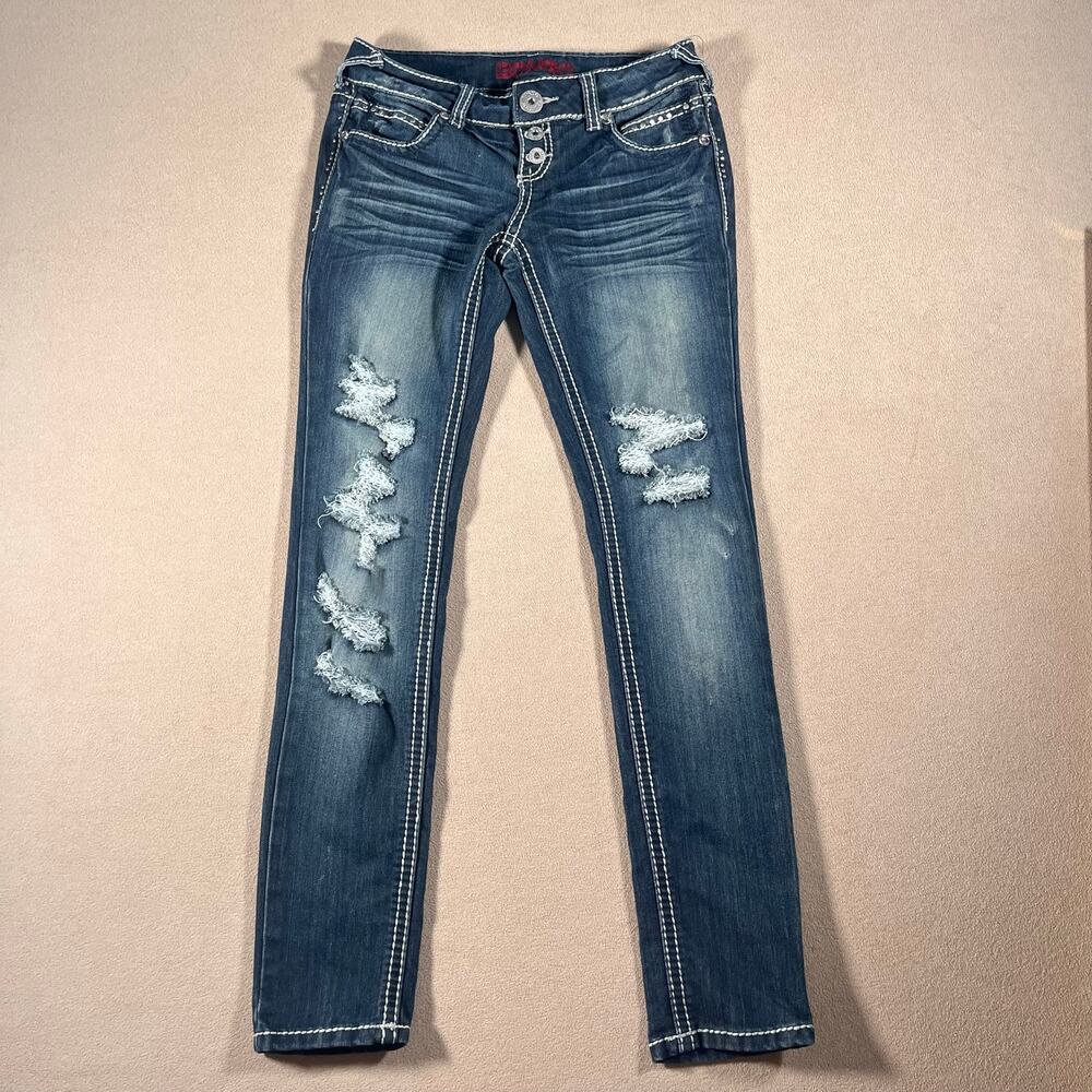 VTG Y2K Women's Dark Wash Distressed Heavy Stitch Bongo Skinny Lowrise Sz 5/7